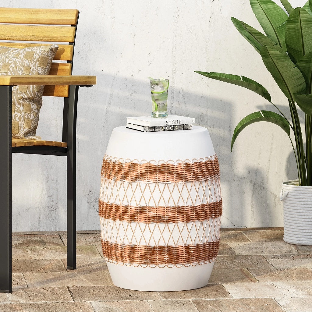 Anvil Outdoor Lightweight Concrete Side Table, White and Brown