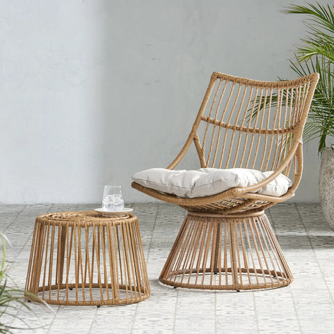 Image of Apulia Outdoor Wicker Chair and Side Table Set with Cushion