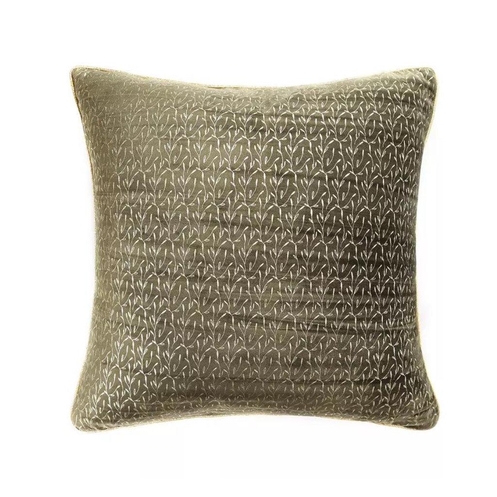 Army Green Velvet Throw Pillow Cover with Golden Foliage