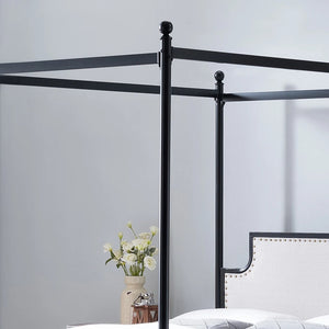 Asa Queen Size Iron Canopy Bed Frame with Upholstered Studded Headboard