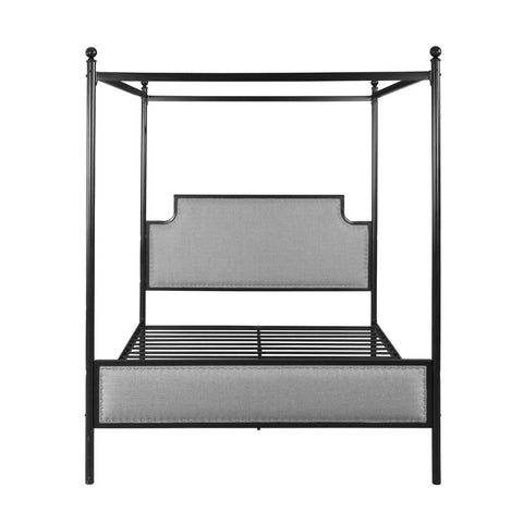 Image of Asa Queen Size Iron Canopy Bed Frame with Upholstered Studded Headboard
