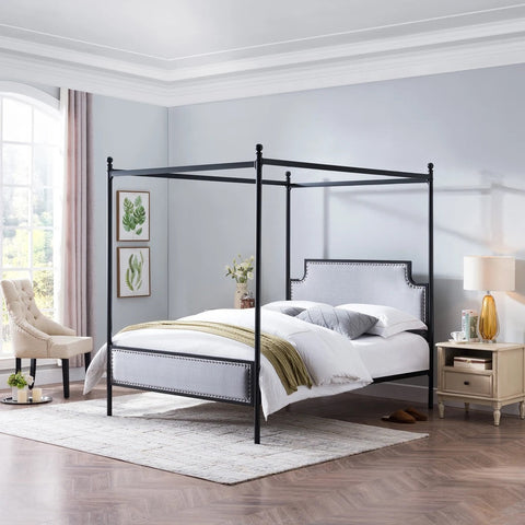 Image of Asa Queen Size Iron Canopy Bed Frame with Upholstered Studded Headboard