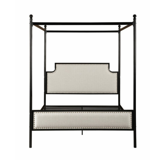 Asa Queen Size Iron Canopy Bed Frame with Upholstered Studded Headboard
