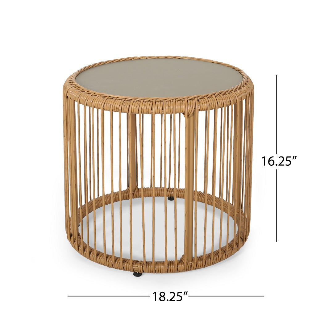 Averyrose Outdoor Wicker Side Table with Tempered Glass Top