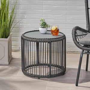 Averyrose Outdoor Wicker Side Table with Tempered Glass Top