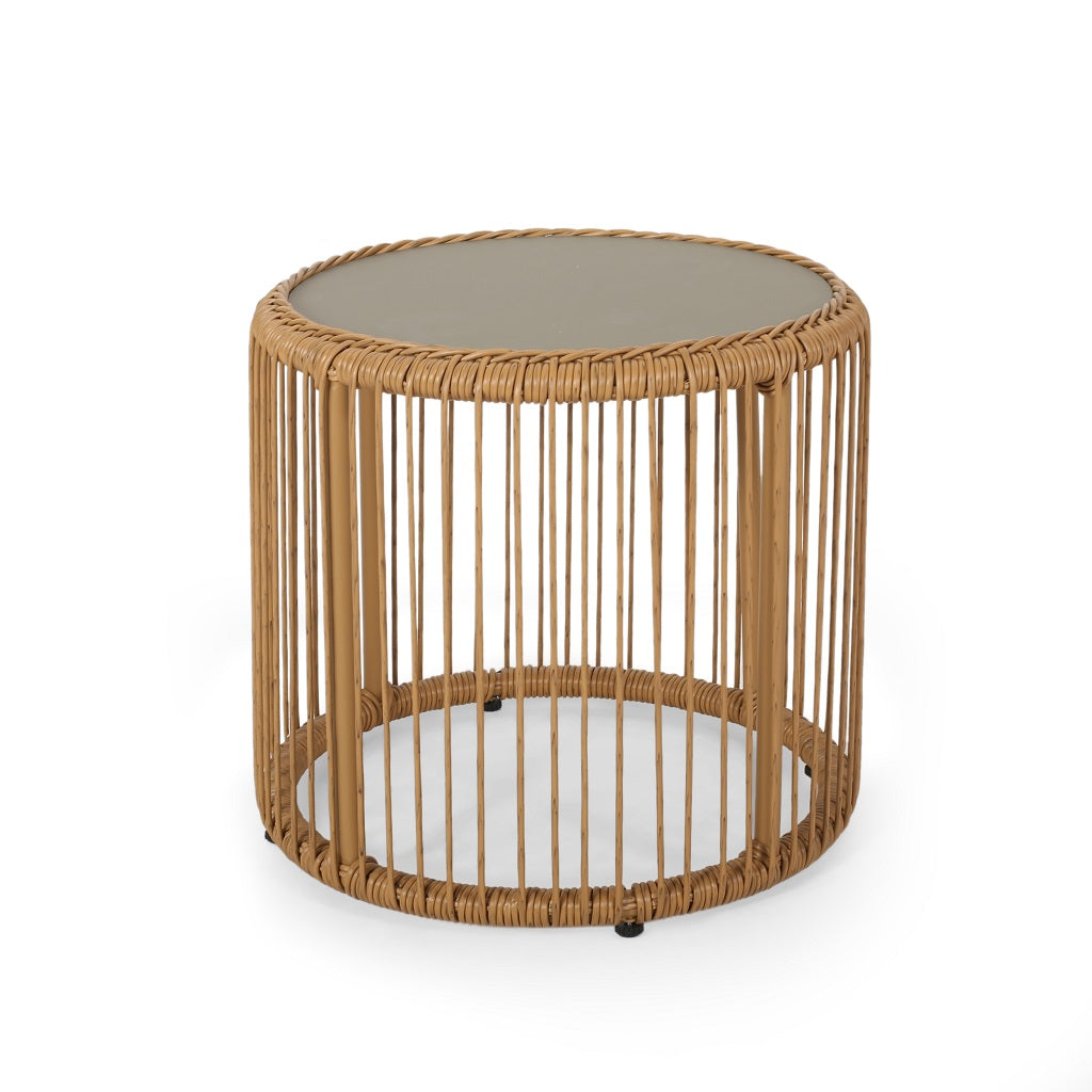 Averyrose Outdoor Wicker Side Table with Tempered Glass Top