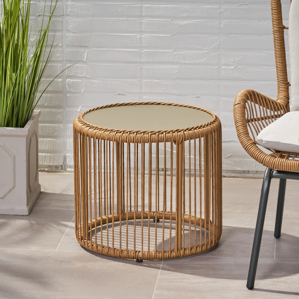 Averyrose Outdoor Wicker Side Table with Tempered Glass Top