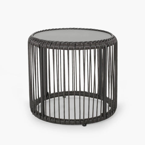 Image of Averyrose Outdoor Wicker Side Table with Tempered Glass Top