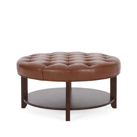 Image of Baynes Contemporary Faux Leather Tufted Wood Round Ottoman with Open Shelf
