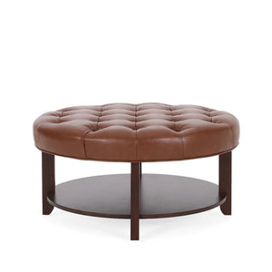 Baynes Contemporary Faux Leather Tufted Wood Round Ottoman with Open Shelf