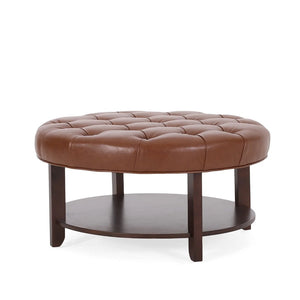Baynes Contemporary Faux Leather Tufted Wood Round Ottoman with Open Shelf