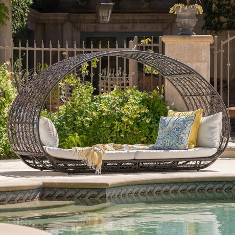 Image of Bedford Outdoor Wicker Overhead Canopy Daybed w/ Water Resistant Cushion