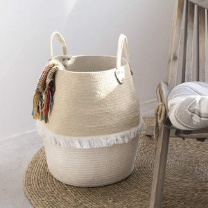Beige and White Fringe Cotton Rope Laundry Basket