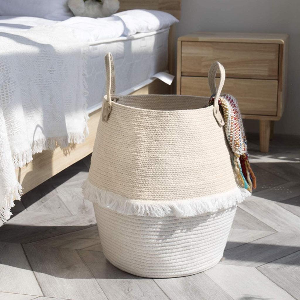 Beige and White Fringe Cotton Rope Laundry Basket