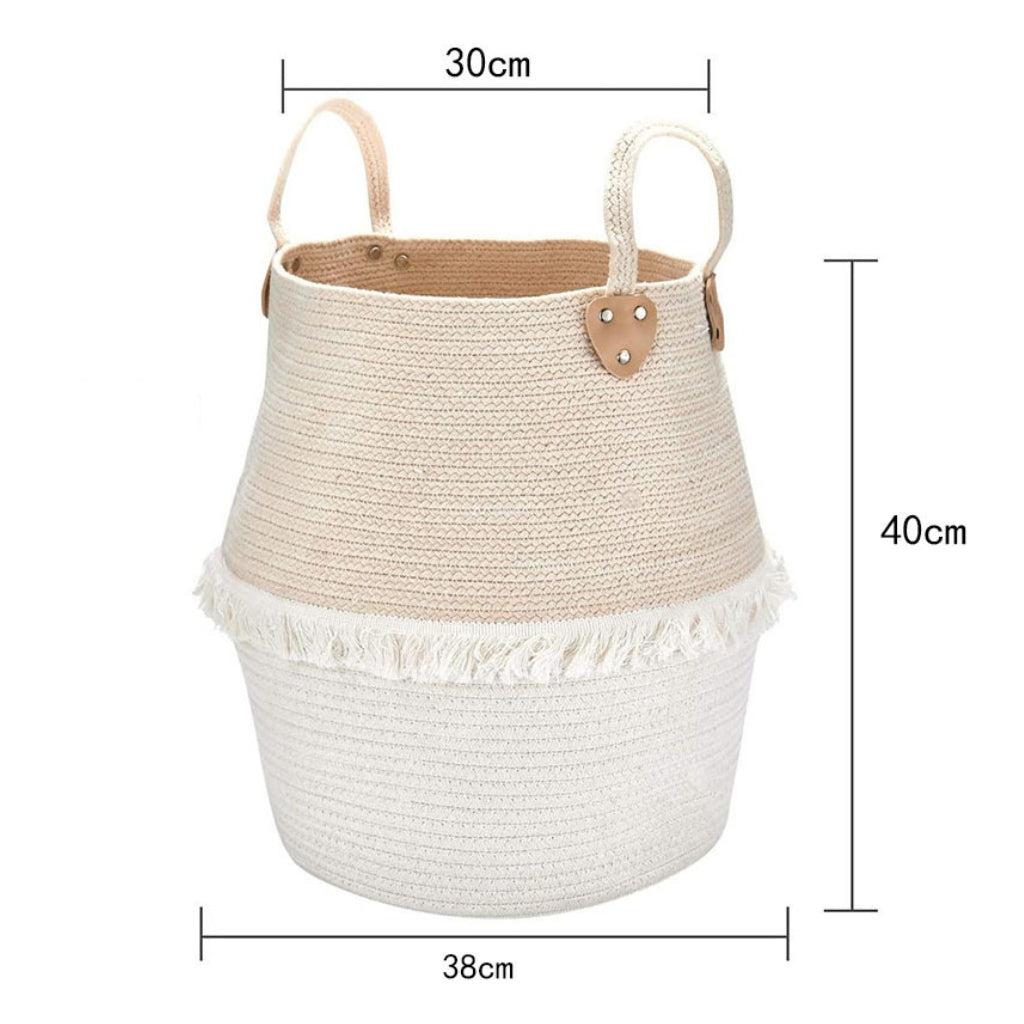 Beige and White Fringe Cotton Rope Laundry Basket