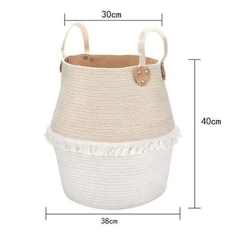 Image of Beige and White Fringe Cotton Rope Laundry Basket