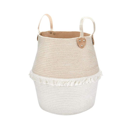 Beige and White Fringe Cotton Rope Laundry Basket