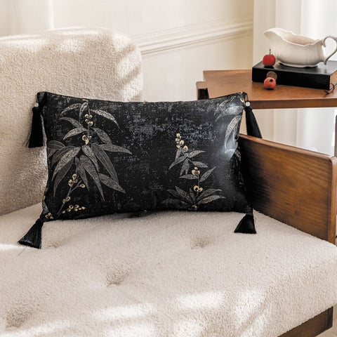 Image of Black and Gold Bamboo Jacquard Lumbar Pillow Cover with Tassels