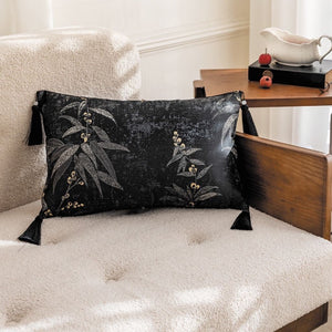 Black and Gold Bamboo Jacquard Lumbar Pillow Cover with Tassels