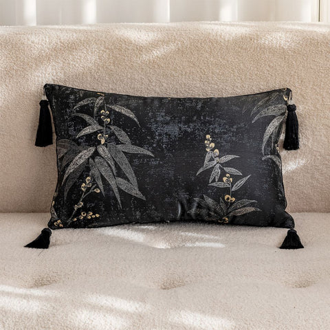 Image of Black and Gold Bamboo Jacquard Lumbar Pillow Cover with Tassels