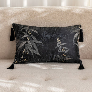 Black and Gold Bamboo Jacquard Lumbar Pillow Cover with Tassels