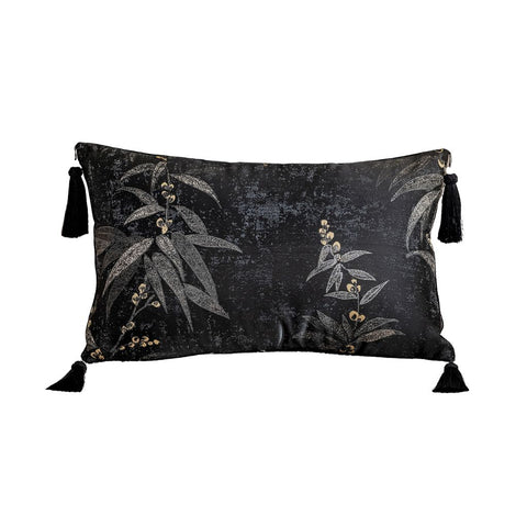 Image of Black and Gold Bamboo Jacquard Lumbar Pillow Cover with Tassels