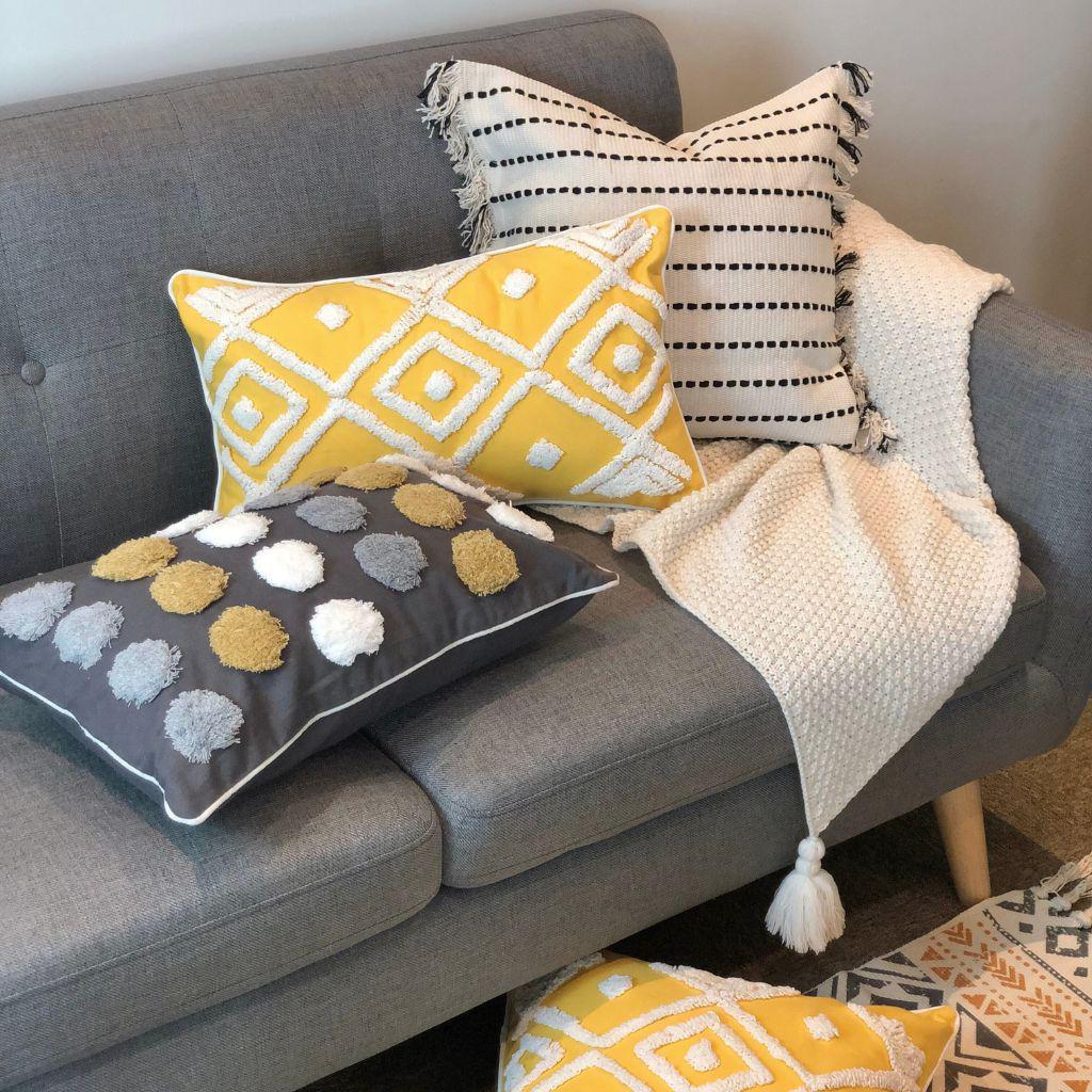 Black and Off-White Woven Striped Throw Pillow Cover with Fringe