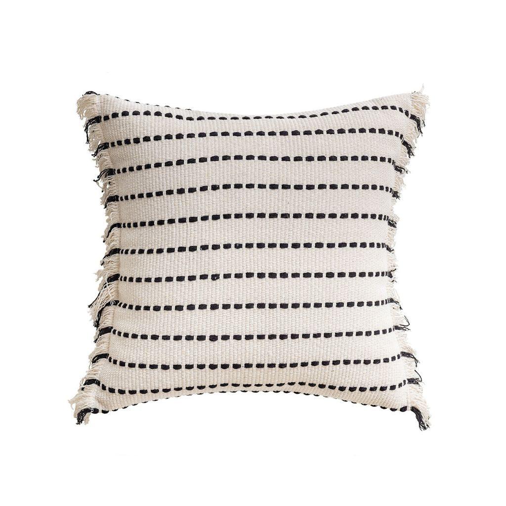 Black and Off-White Woven Striped Throw Pillow Cover with Fringe