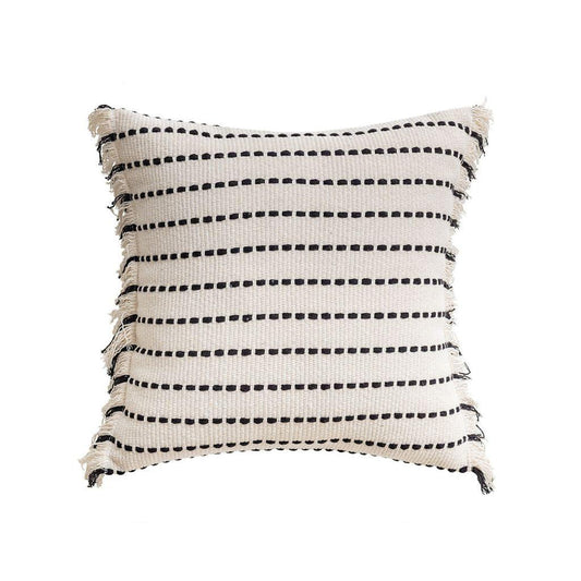 Black and Off-White Woven Striped Throw Pillow Cover with Fringe