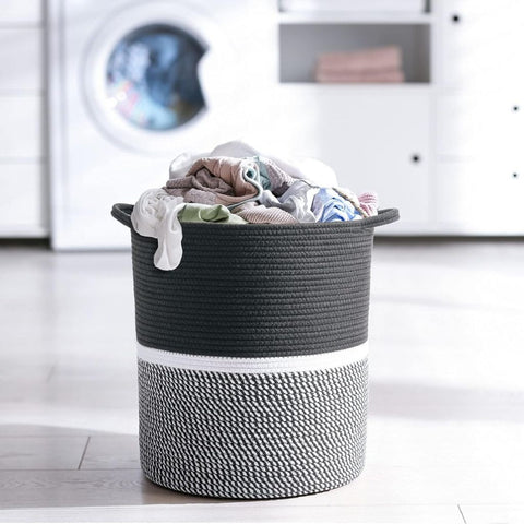 Image of Black and White Cotton Rope Laundry Basket