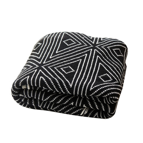 Image of Black and White Reversible Geometric Knitted Throw Blanket