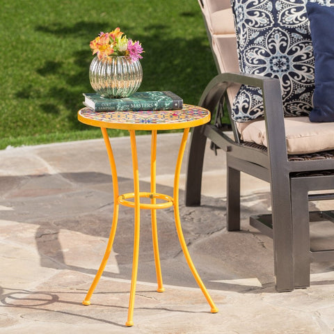 Image of Brienne Outdoor Yellow Ceramic Tile Side Table with Iron Frame