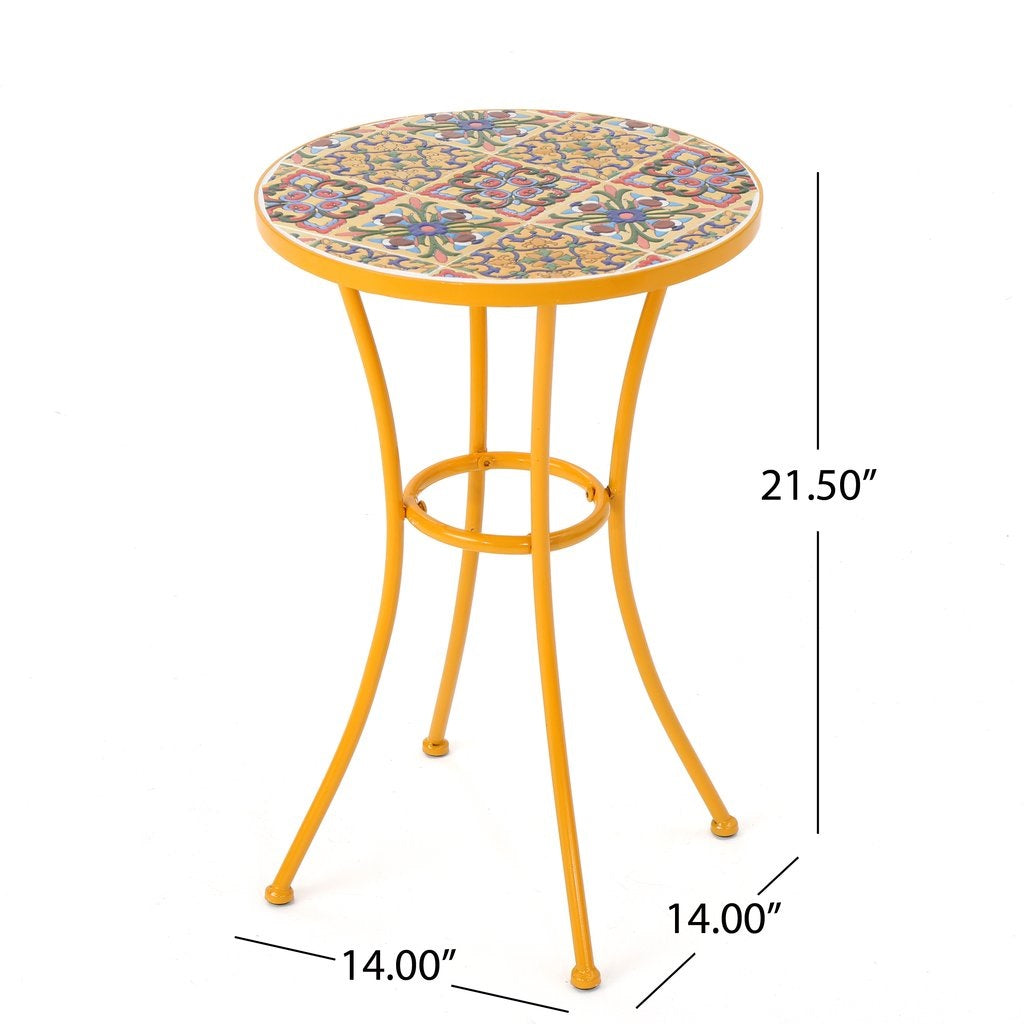 Brienne Outdoor Yellow Ceramic Tile Side Table with Iron Frame