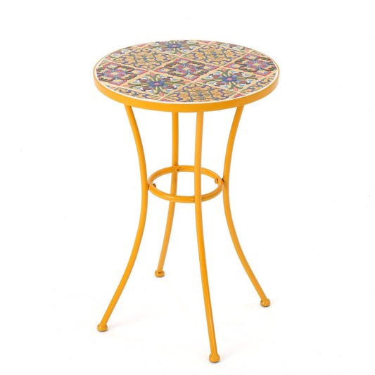 Brienne Outdoor Yellow Ceramic Tile Side Table with Iron Frame