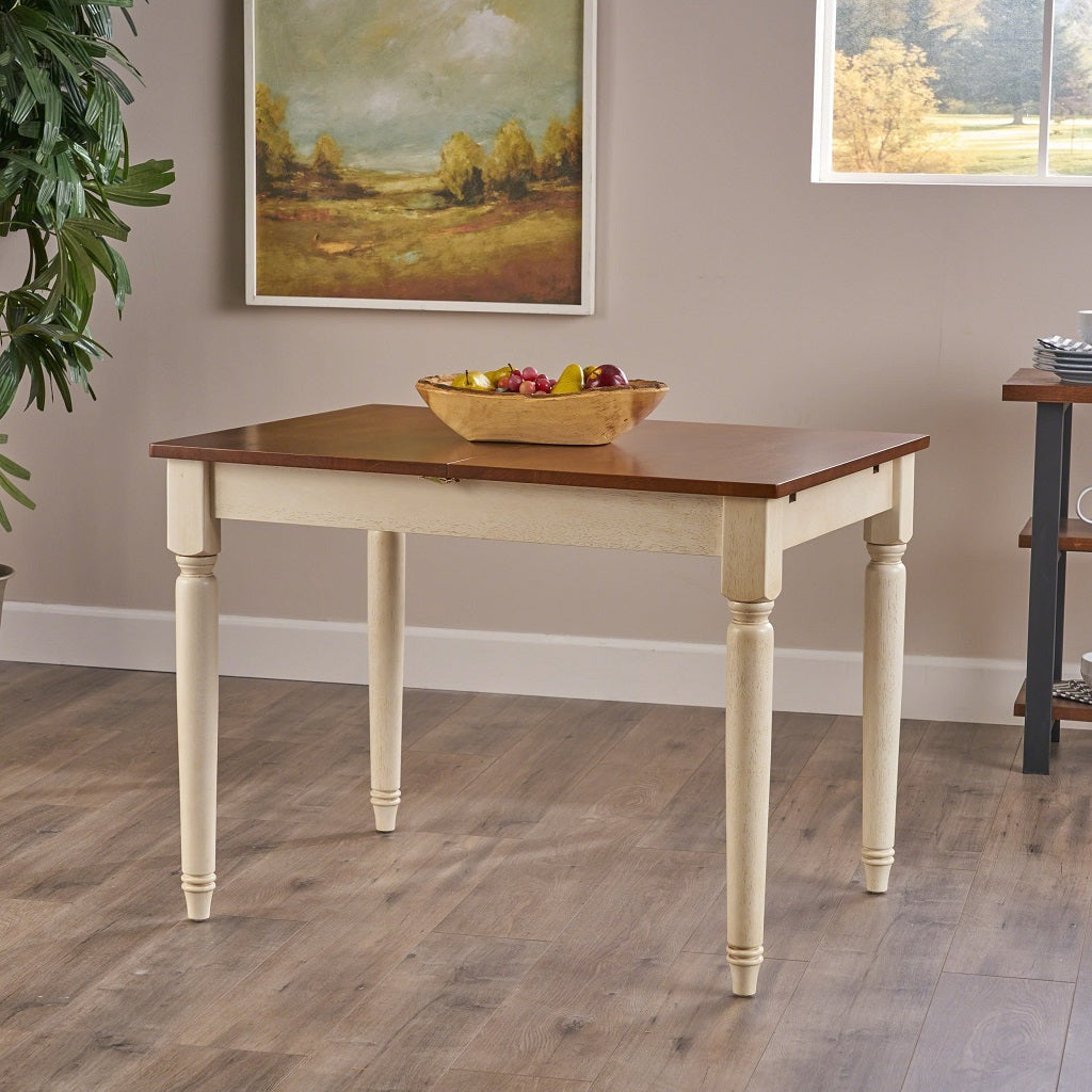 Bronwen Rustic Dark Oak and Cream Wood Dining Table with Leaf Extension