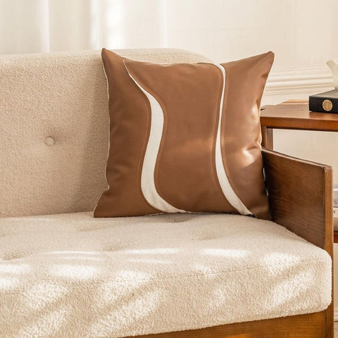 Image of Brown Wave Faux Leather Throw Pillow Cover