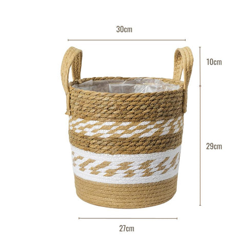 Image of Brown and White Large Handwoven Planter Basket With Handles