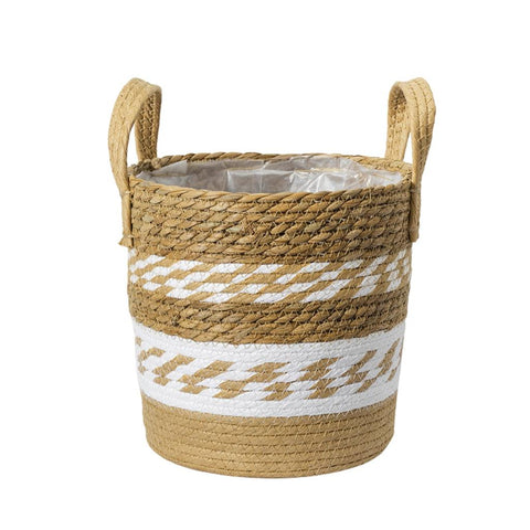 Image of Brown and White Large Handwoven Planter Basket With Handles