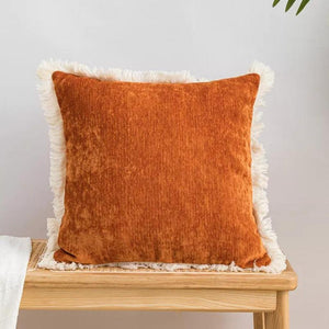 Burnt Orange Chenille Throw Pillow Cover with Brush Fringe
