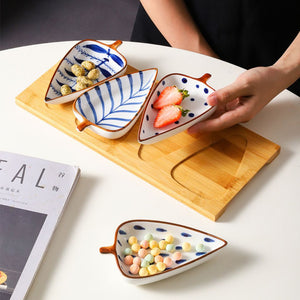 Ceramic Leaf Serving Plates with Wooden Tray