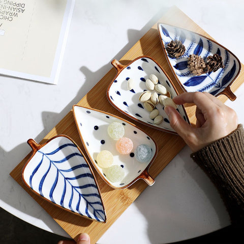 Image of Ceramic Leaf Serving Plates with Wooden Tray