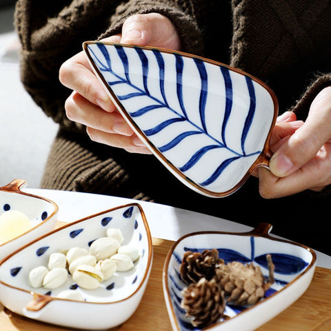 Image of Ceramic Leaf Serving Plates with Wooden Tray