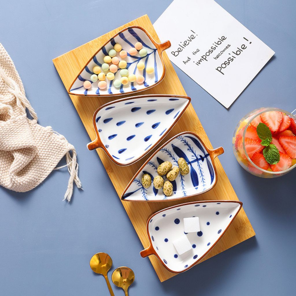 Ceramic Leaf Serving Plates with Wooden Tray