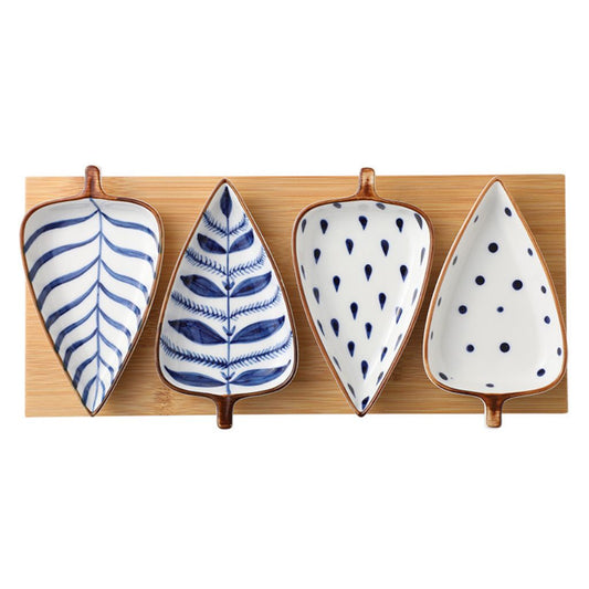 Ceramic Leaf Serving Plates with Wooden Tray