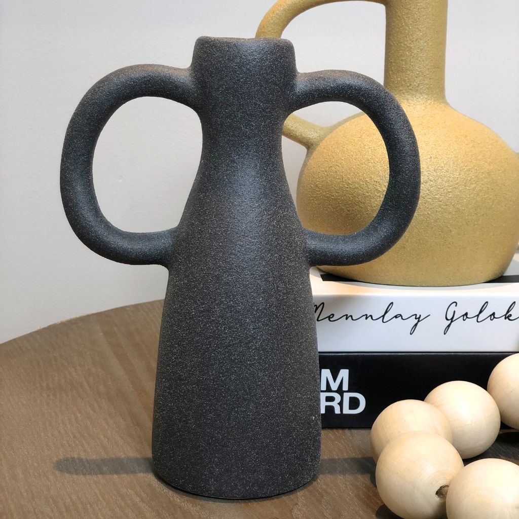 Charcoal Ceramic Vase with Butterfly Handle