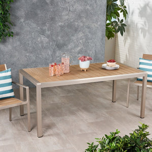 Cherie Outdoor Modern Aluminum Dining Table with Faux Wood Table Top