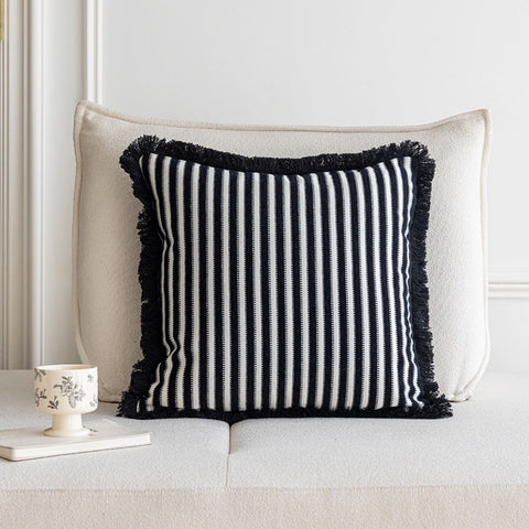 Image of Classic Fringed Black-and-White Stripes Throw Pillow Cover