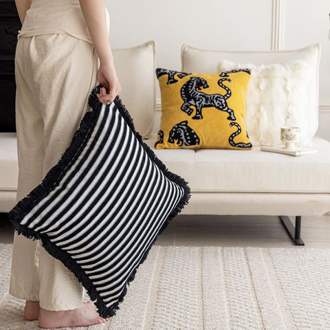 Image of Classic Fringed Black-and-White Stripes Throw Pillow Cover