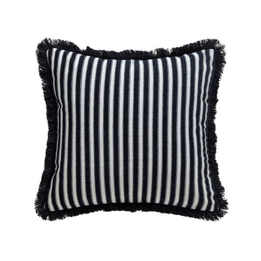 Classic Fringed Black-and-White Stripes Throw Pillow Cover