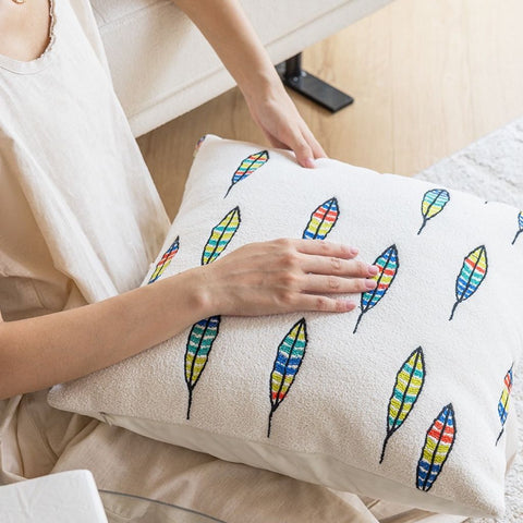 Image of Colorful Embroidered Feather Throw Pillow Cover